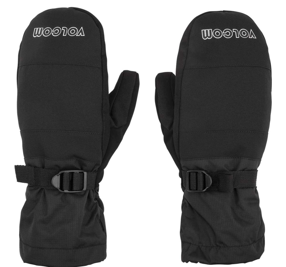 Volcom Stone Brighton Mittens 2023 - A pair of black mittens with a textured pattern on the palm and thumb, featuring a Velcro strap closure at the wrist.