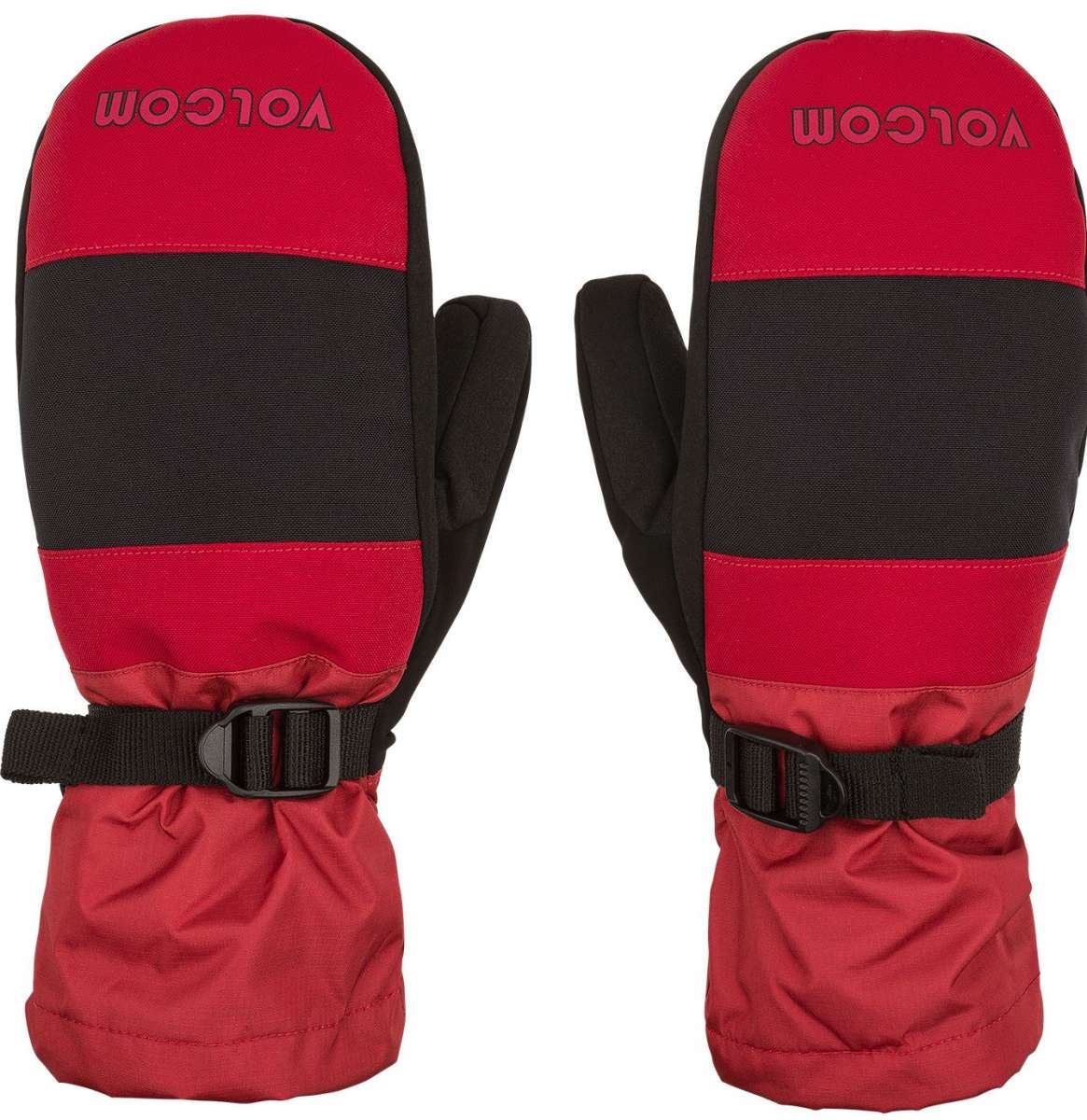 Volcom Stone Brighton Mittens - Mittens are red with black accents, featuring a textured pattern on the palm side and a Velcro strap closure.