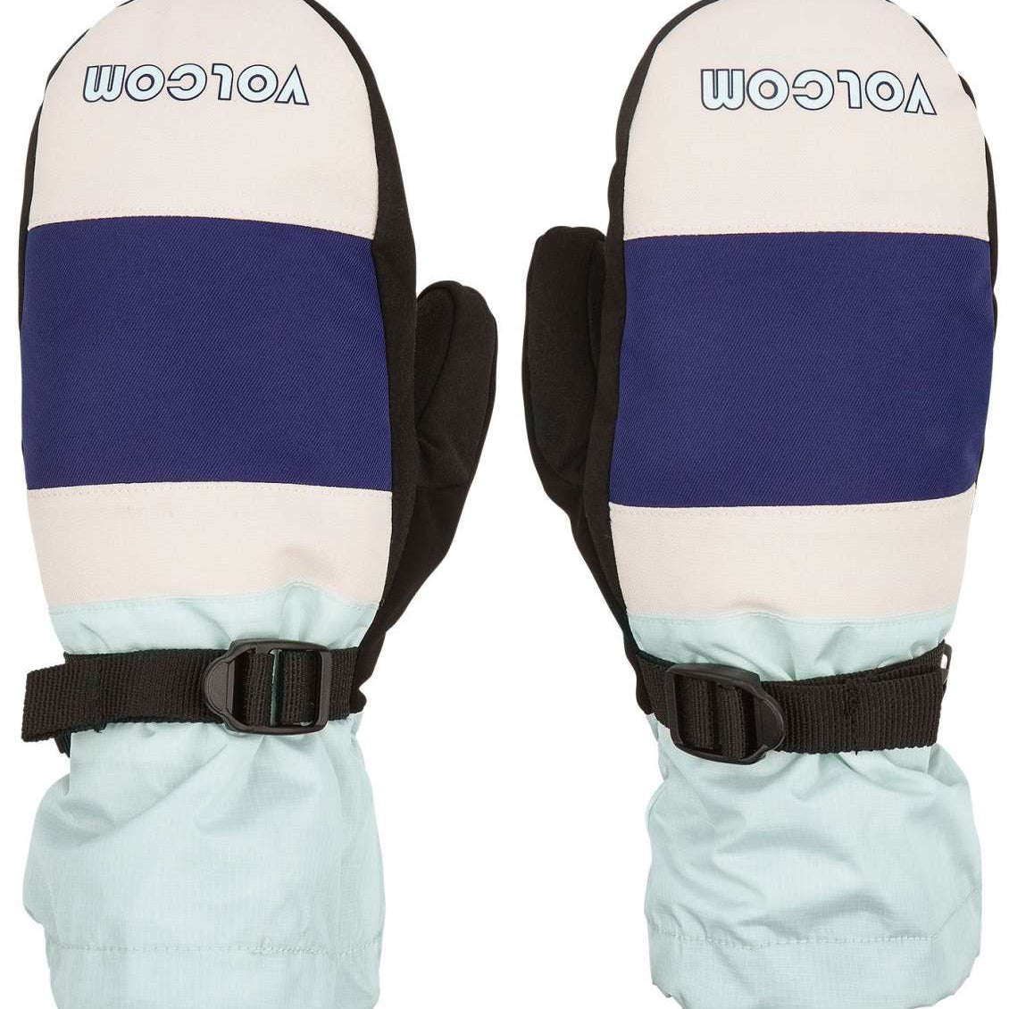 Volcom Stone Brighton Mittens 2023 - A pair of mittens with a white palm and thumb, featuring a blue stripe across the top of each mitten.