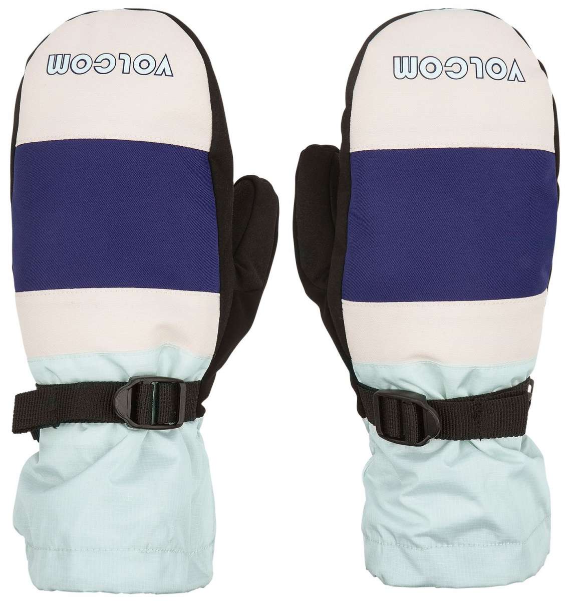 Volcom Stone Brighton Mittens 2023 - A pair of mittens with a white palm and thumb, featuring a blue stripe across the top of each mitten.