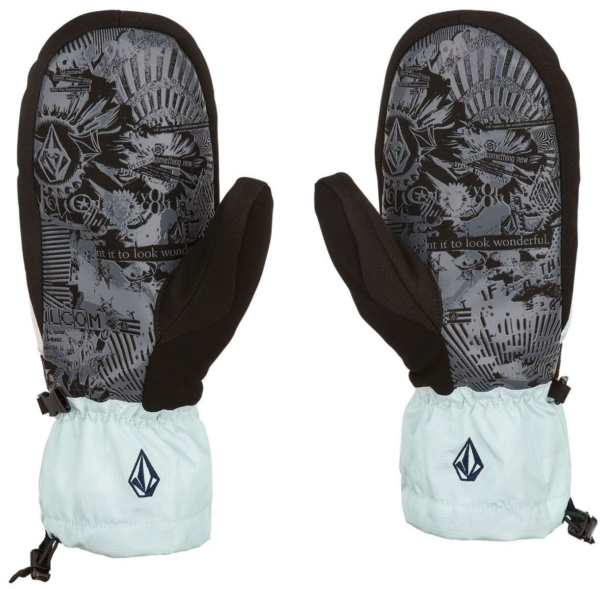 Volcom Stone Brighton Mittens - Mittens with a gray background featuring a repeating pattern of black and white images, including mountains, trees, and snowflakes.