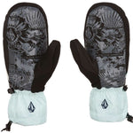 Volcom Stone Brighton Mittens - Mittens with a gray background featuring a repeating pattern of black and white images, including mountains, trees, and snowflakes.