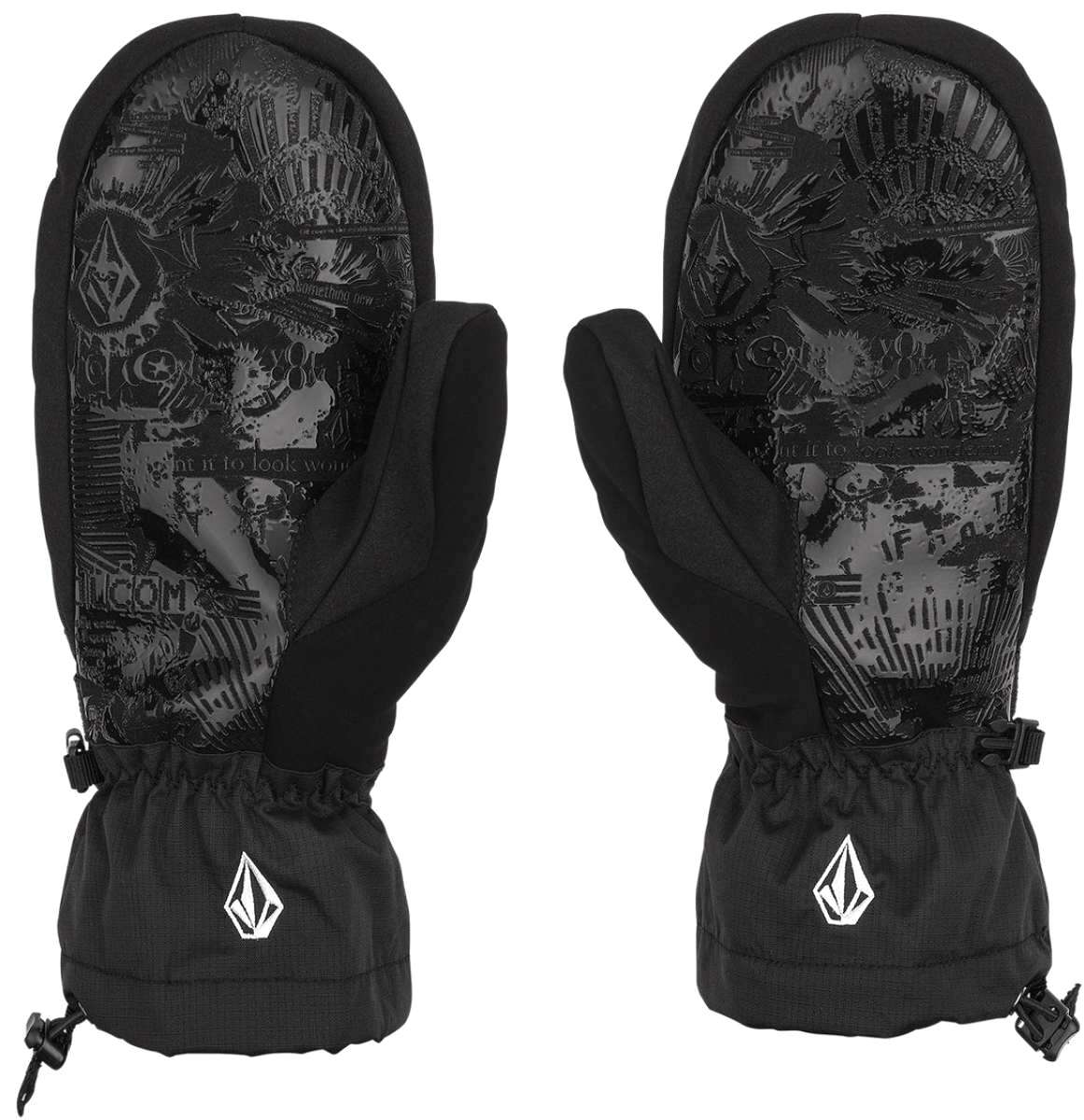 Volcom Stone Brighton Mittens - Black mittens with a repeating pattern of white and gray stone designs on the palm side.