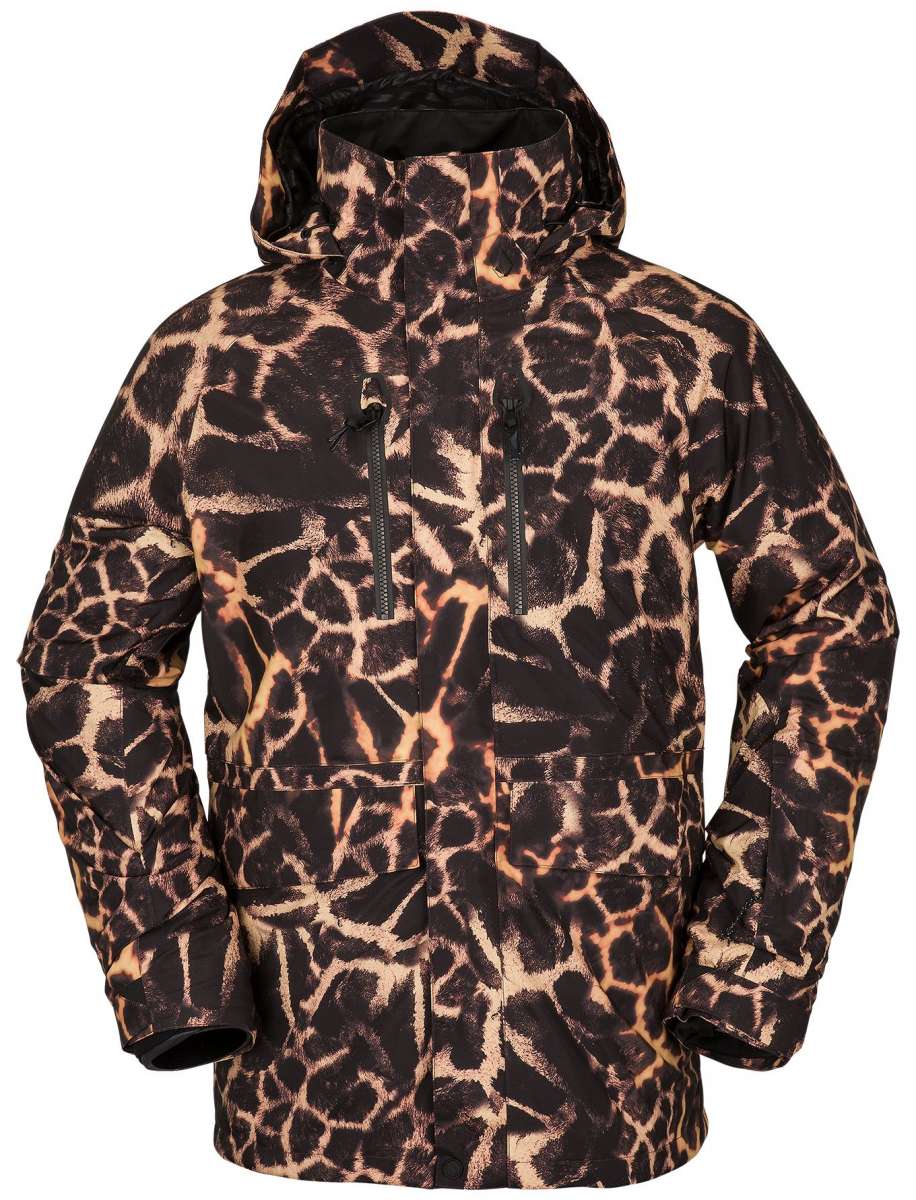 Volcom Stone Stretch GORE-TEX Jacket 2023 - A black jacket with a brown and tan abstract pattern, featuring a hood and two zippered pockets on the front.