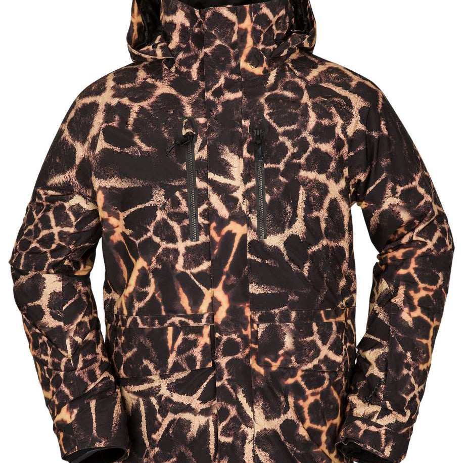 Volcom Stone Stretch GORE-TEX Jacket 2023 - A black jacket with a brown and tan abstract pattern, featuring a hood and two zippered pockets on the front.