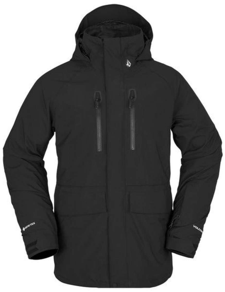 Volcom Stone Stretch GORE-TEX Jacket 2023 - A black jacket with a hood, featuring two zippered pockets and a white logo on the chest.