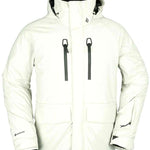 Volcom Stone Stretch GORE-TEX Jacket 2023 - A cream-colored jacket with a black zipper and logo on the chest, featuring a hood and two zippered pockets.