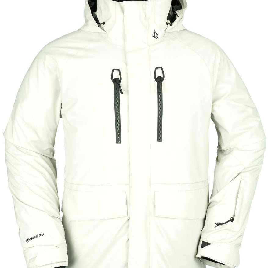 Volcom Stone Stretch GORE-TEX Jacket 2023 - A cream-colored jacket with a black zipper and logo on the chest, featuring a hood and two zippered pockets.