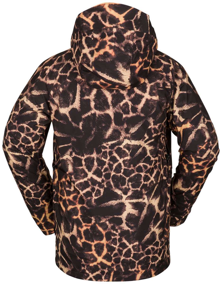 Volcom Stone Stretch GORE-TEX Jacket 2023 - A black jacket with a giraffe-like pattern of tan spots and lines, featuring a hood and zippered pockets.