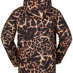 Volcom Stone Stretch GORE-TEX Jacket 2023 - A black jacket with a giraffe-like pattern of tan spots and lines, featuring a hood and zippered pockets.