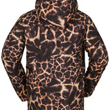 Volcom Stone Stretch GORE-TEX Jacket 2023 - A black jacket with a giraffe-like pattern of tan spots and lines, featuring a hood and zippered pockets.