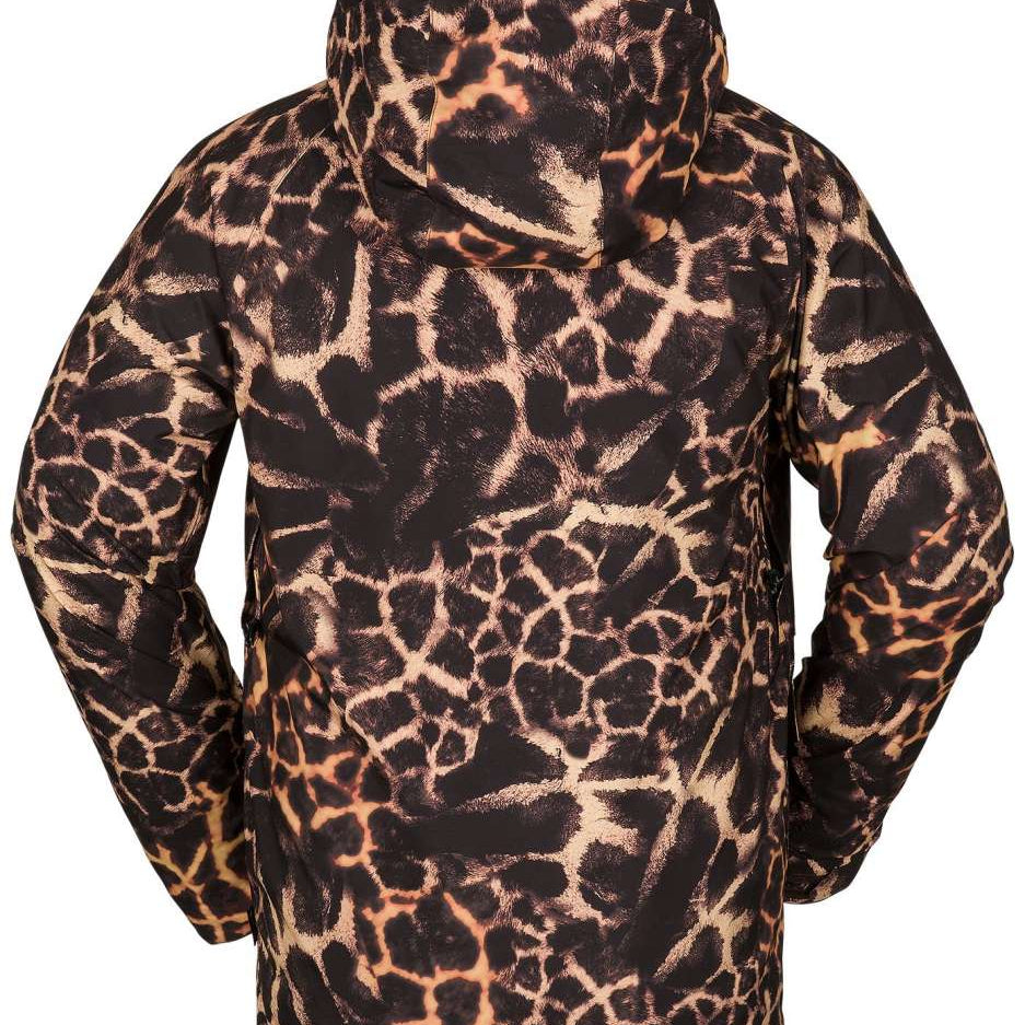 Volcom Stone Stretch GORE-TEX Jacket 2023 - A black jacket with a giraffe-like pattern of tan spots and lines, featuring a hood and zippered pockets.
