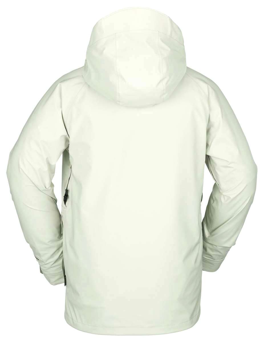 Volcom Stone Stretch GORE-TEX Jacket 2023 - A cream-colored jacket with a hood, featuring black zippers and a black logo on the left sleeve.