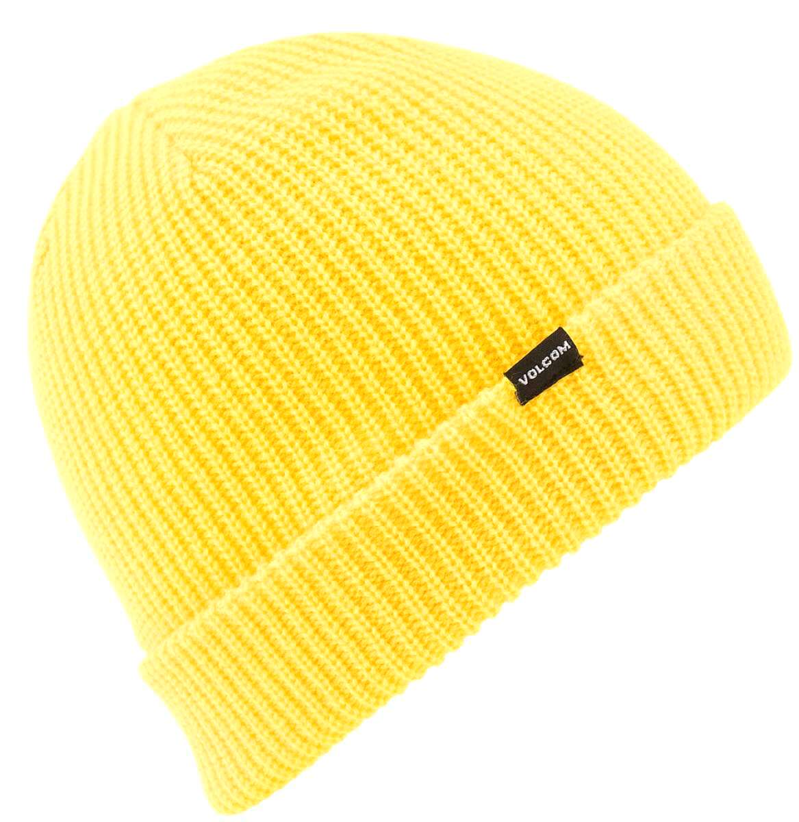 Volcom Sweep Lined Beanie 2022 - A bright yellow beanie with a ribbed cuff and a black label on the front that reads "VOLCOM" in white letters.