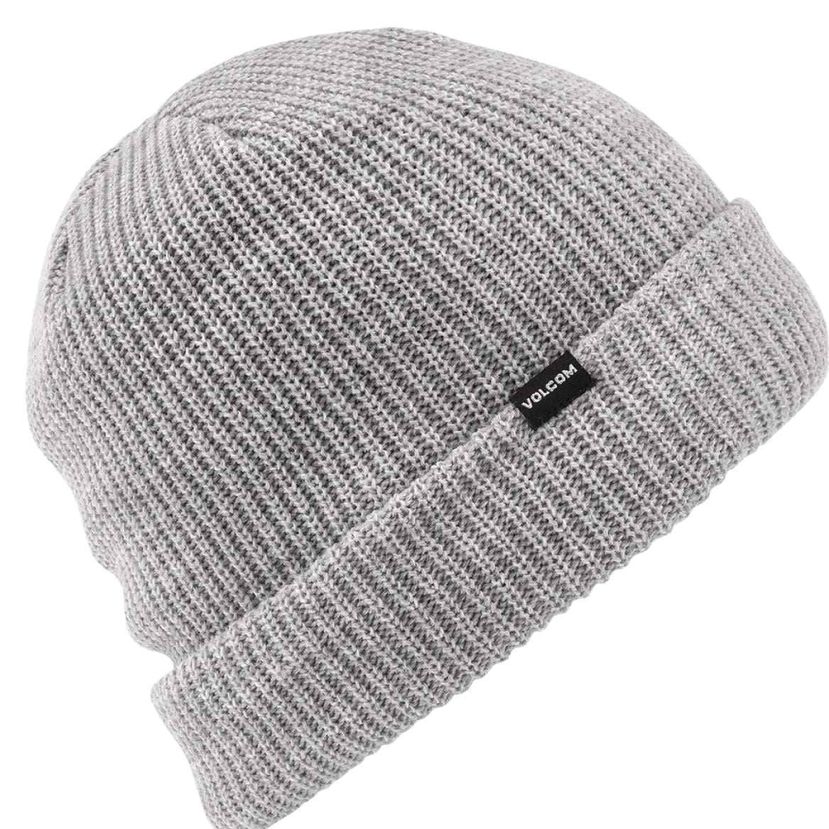 Volcom - A light gray beanie with a black label featuring white lettering that reads "VOLCOM".