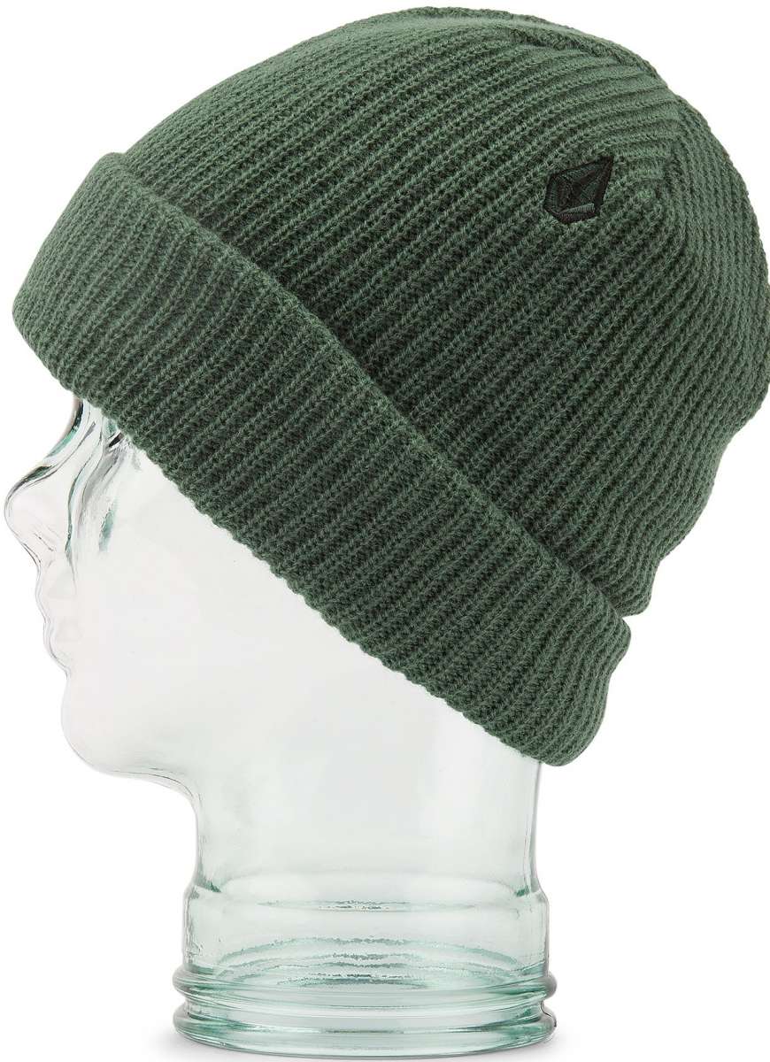 Volcom Sweep Lined Beanie 2023 - A dark green beanie with a black logo on the front, featuring a ribbed texture and a folded cuff.