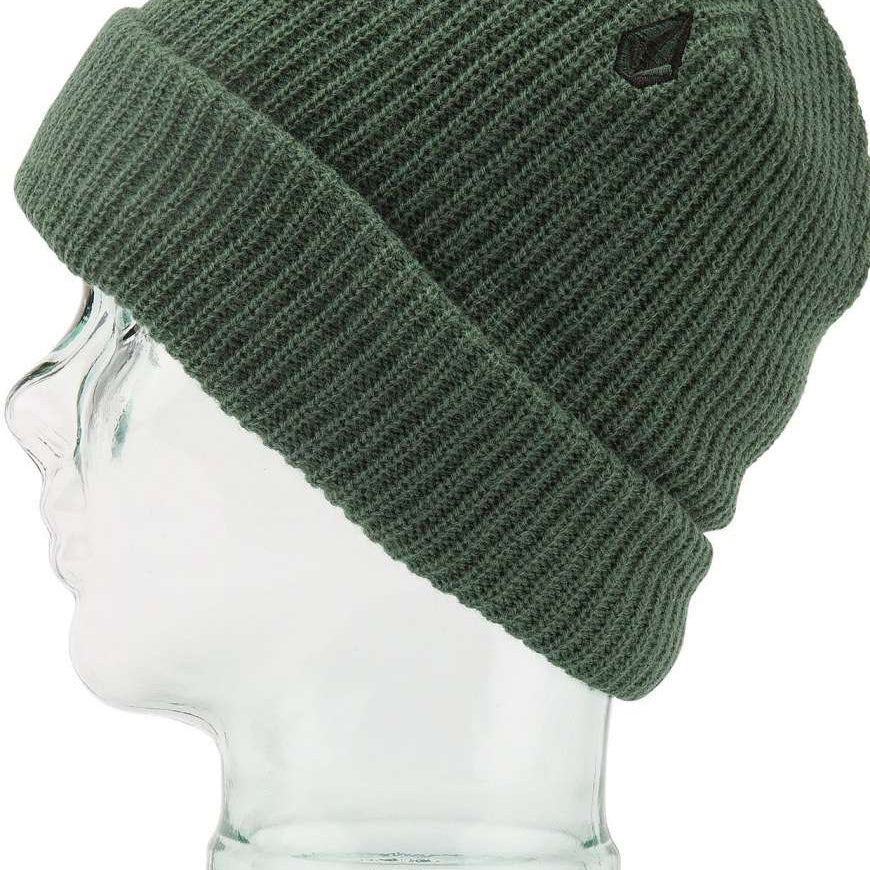 Volcom Sweep Lined Beanie 2023 - A dark green beanie with a black logo on the front, featuring a ribbed texture and a folded cuff.