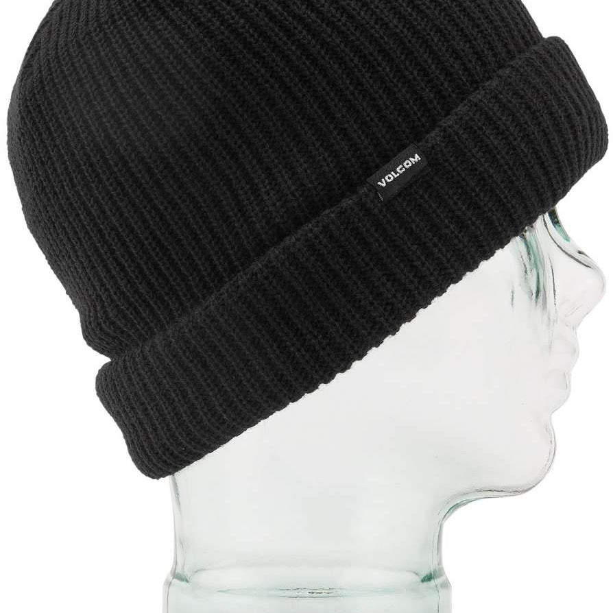 Volcom Sweep Lined Beanie 2023 - A black beanie with a ribbed cuff and a small white "VOLCOM" logo on the front.