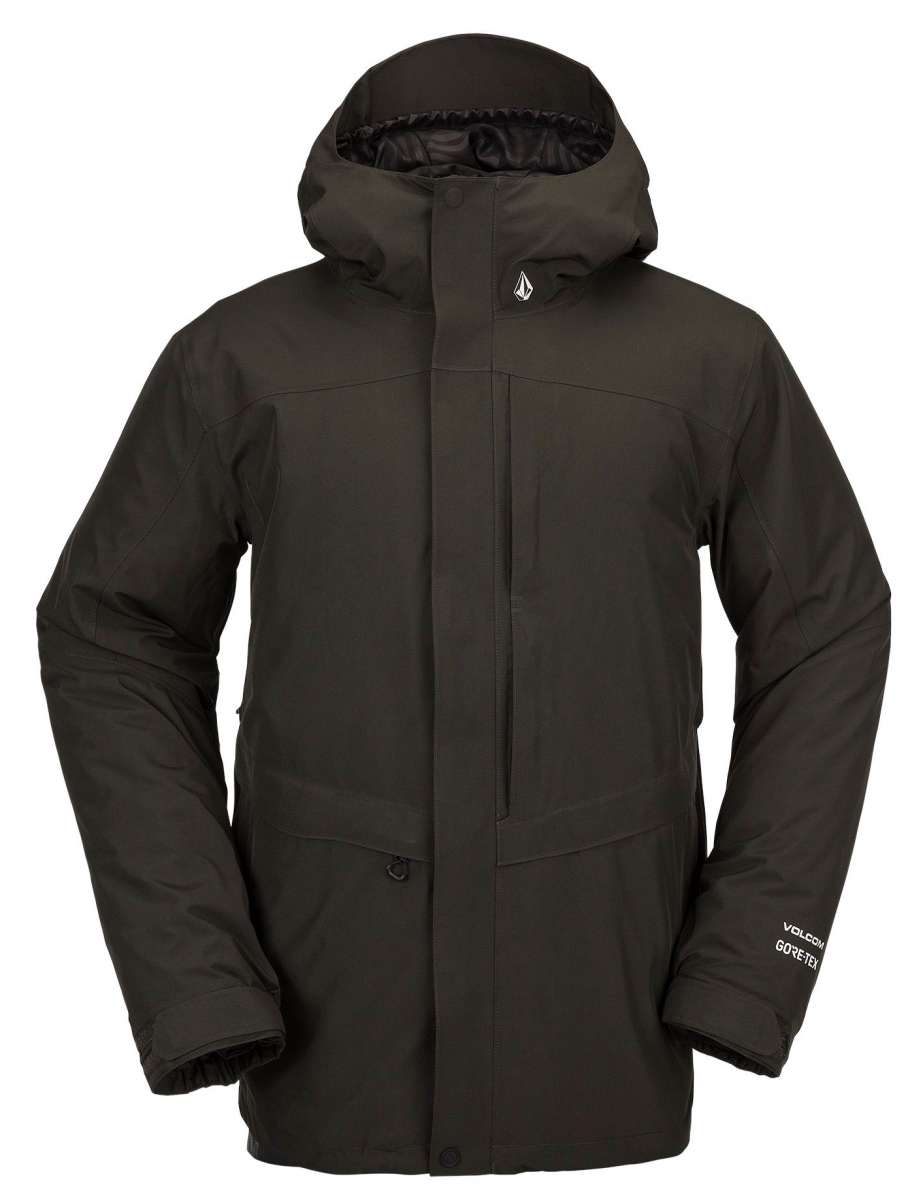 Volcom TDS 2L GORE-TEX Insulated Jacket 2022 - A black insulated jacket with a hood, featuring white logos on the chest and sleeve.