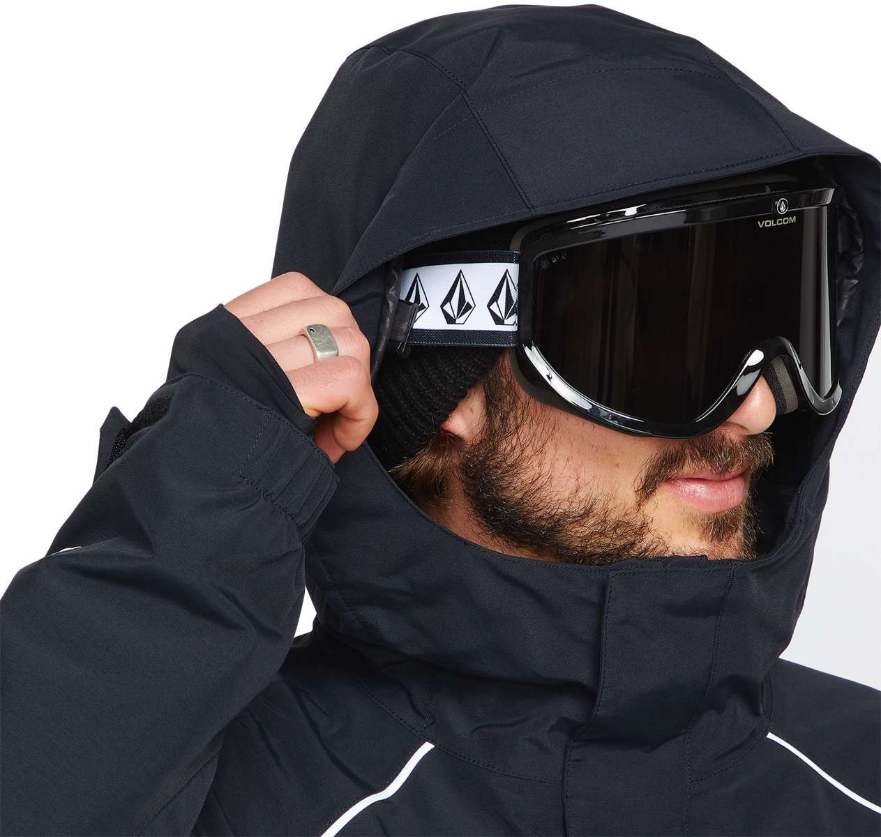 Volcom TDS 2L GORE-TEX Insulated Jacket 2023 - A black jacket with a white logo on the left chest and two zippered pockets on either side of the waist.