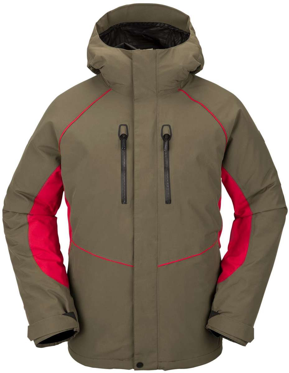 Volcom TDS 2L GORE-TEX Insulated Jacket 2023 - A dark-colored jacket with a hood, featuring two zippered pockets and a black zipper on the front.