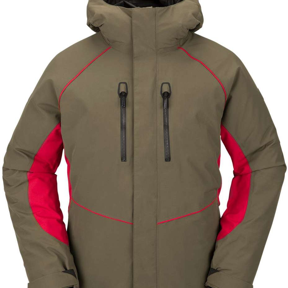 Volcom TDS 2L GORE-TEX Insulated Jacket 2023 - A dark-colored jacket with a hood, featuring two zippered pockets and a black zipper on the front.