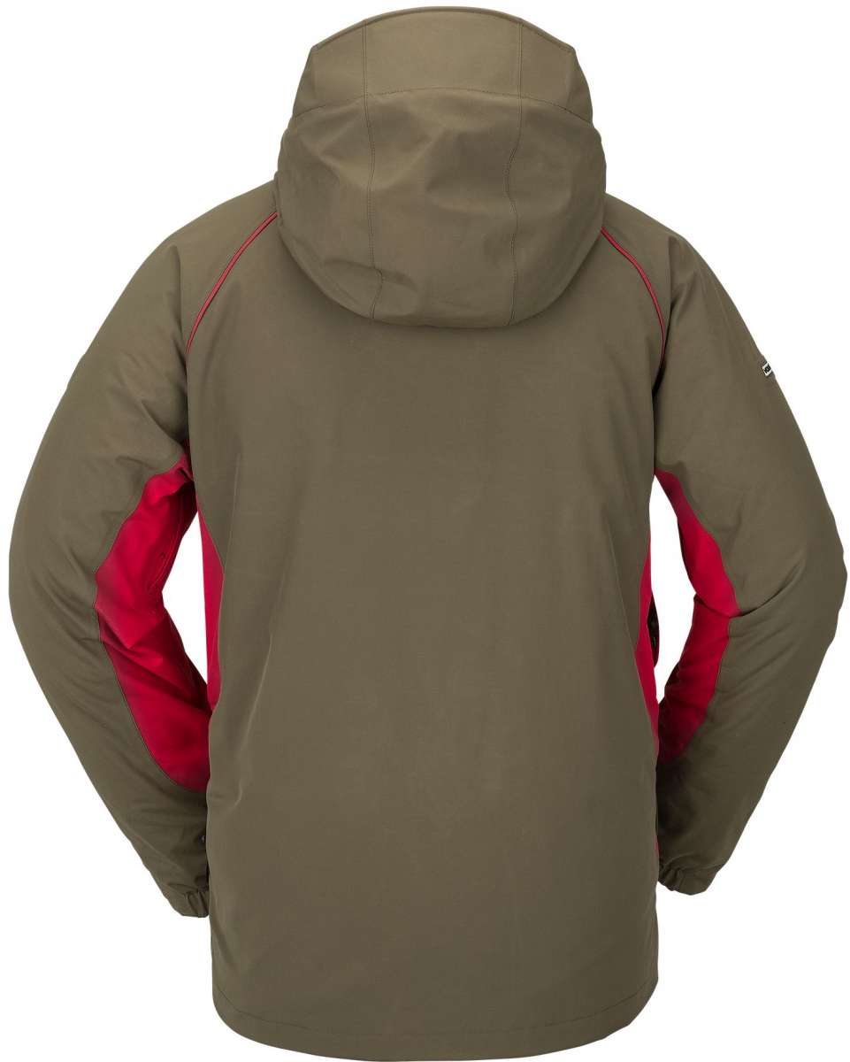 Volcom TDS 2L GORE-TEX Insulated Jacket 2023 - A dark green jacket with red accents on the sides and a hood.