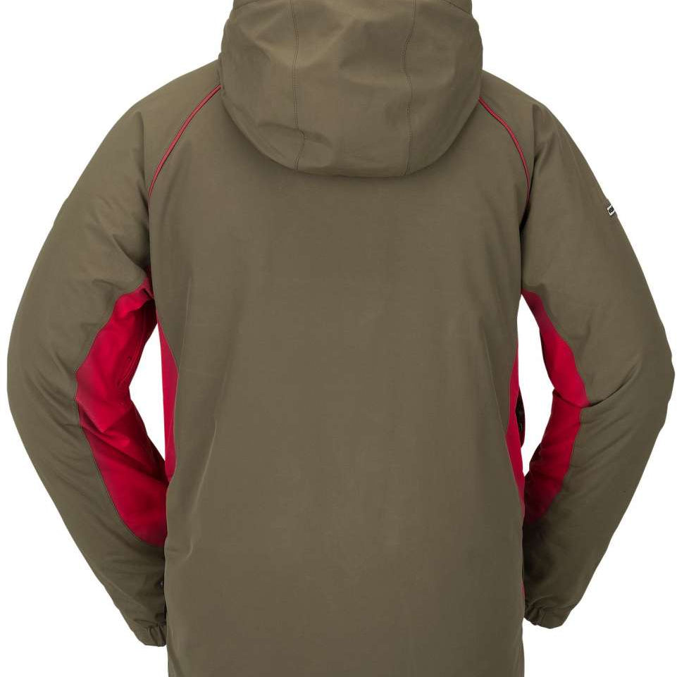 Volcom TDS 2L GORE-TEX Insulated Jacket 2023 - A dark green jacket with red accents on the sides and a hood.