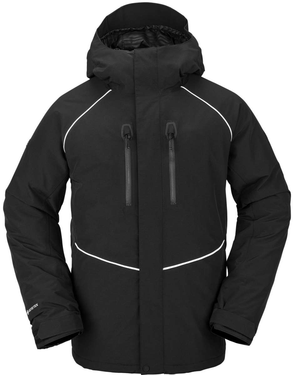 Volcom TDS 2L GORE-TEX Insulated Jacket 2023 - A black insulated jacket with white accents and a hood, featuring two zippered pockets on the front.