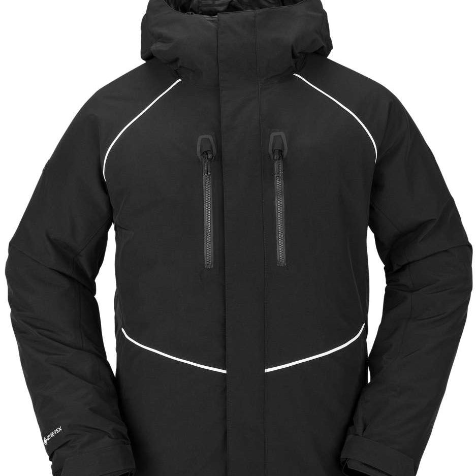 Volcom TDS 2L GORE-TEX Insulated Jacket 2023 - A black insulated jacket with white accents and a hood, featuring two zippered pockets on the front.