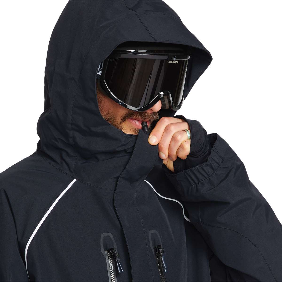Volcom TDS 2L GORE-TEX Insulated Jacket 2023 - A black jacket with a hood, featuring white accents on the chest and sleeve.
