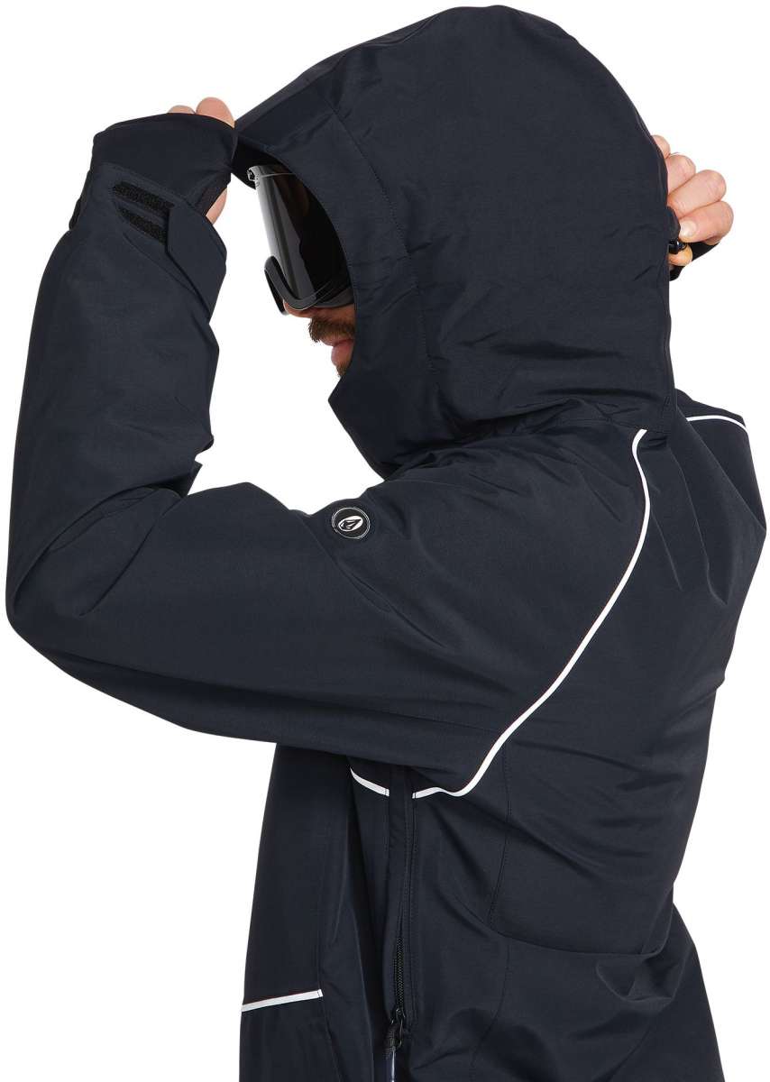 Volcom TDS 2L GORE-TEX Insulated Jacket 2023 - A black jacket with white accents and a hood, featuring two zippered pockets on the front.