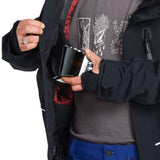 Volcom TDS 2L GORE-TEX Insulated Jacket 2023 - A black jacket with white lettering and a red lining visible inside the open zipper pocket on the left side.