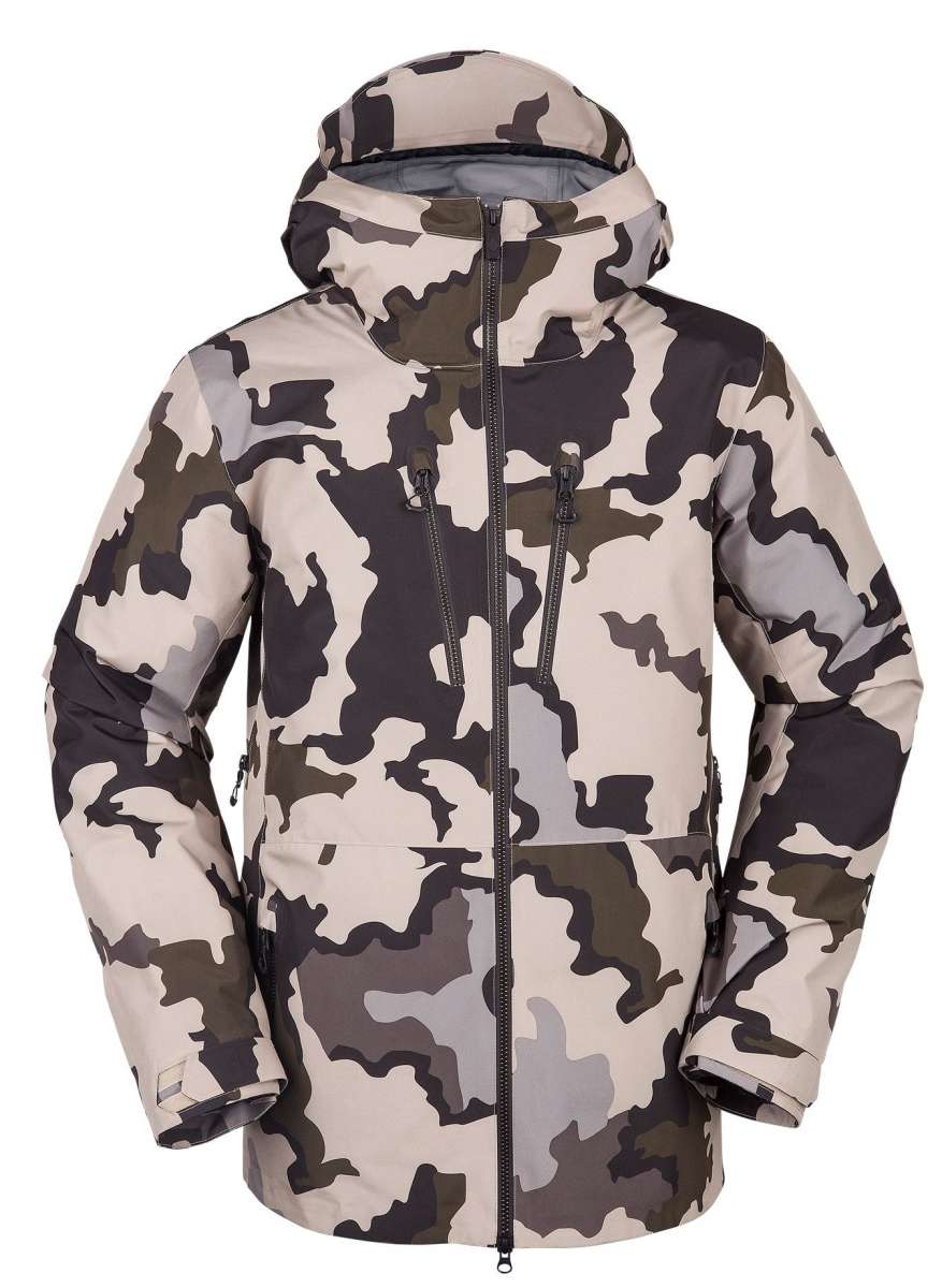 Volcom TDS Infrared GORE-TEX Jacket 2022 - A camouflage-printed jacket with a hood, featuring dark green and light gray colors.