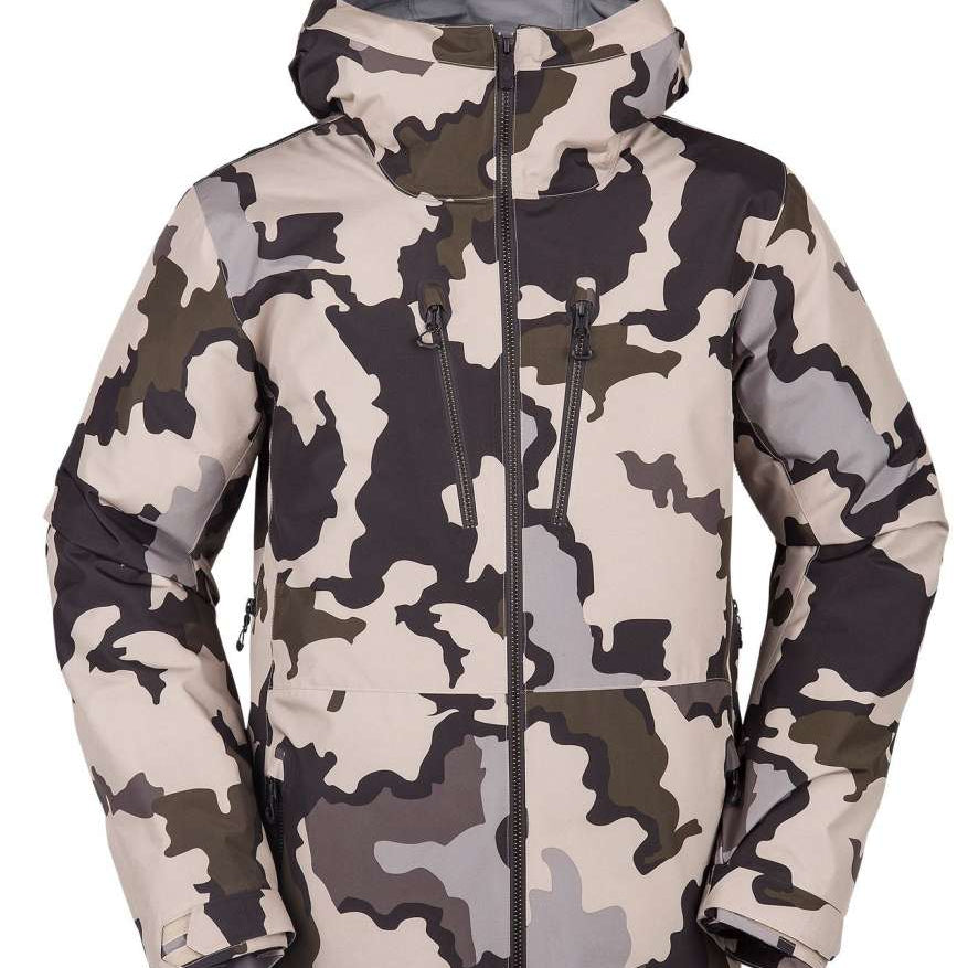 Volcom TDS Infrared GORE-TEX Jacket 2022 - A camouflage-printed jacket with a hood, featuring dark green and light gray colors.