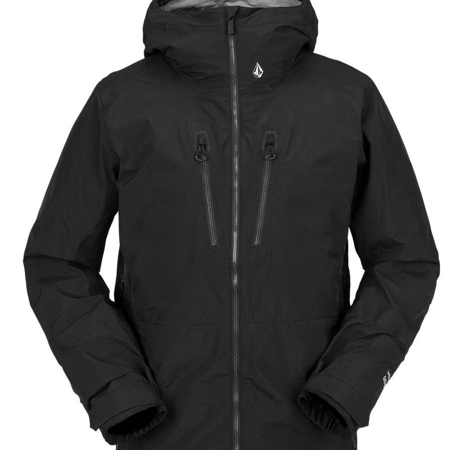 Volcom TDS Infrared GORE-TEX Jacket 2022 - A black jacket with a hood, featuring two zippered pockets on the front and a white logo on the left chest.