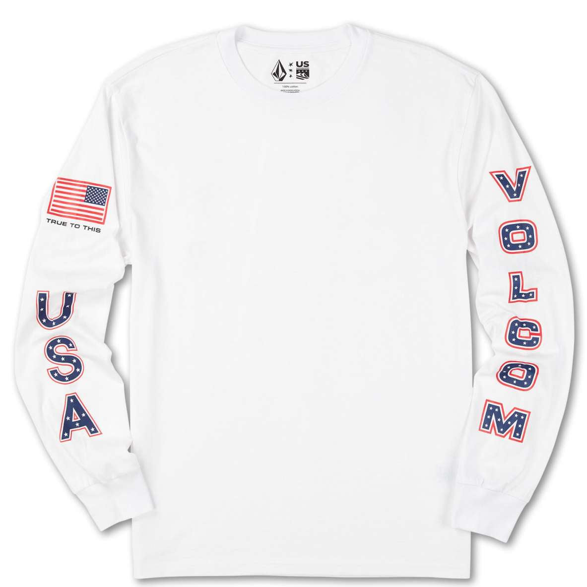Volcom - A white long-sleeve shirt with a small American flag on the left sleeve and "TRUE TO THIS" printed in black above it.