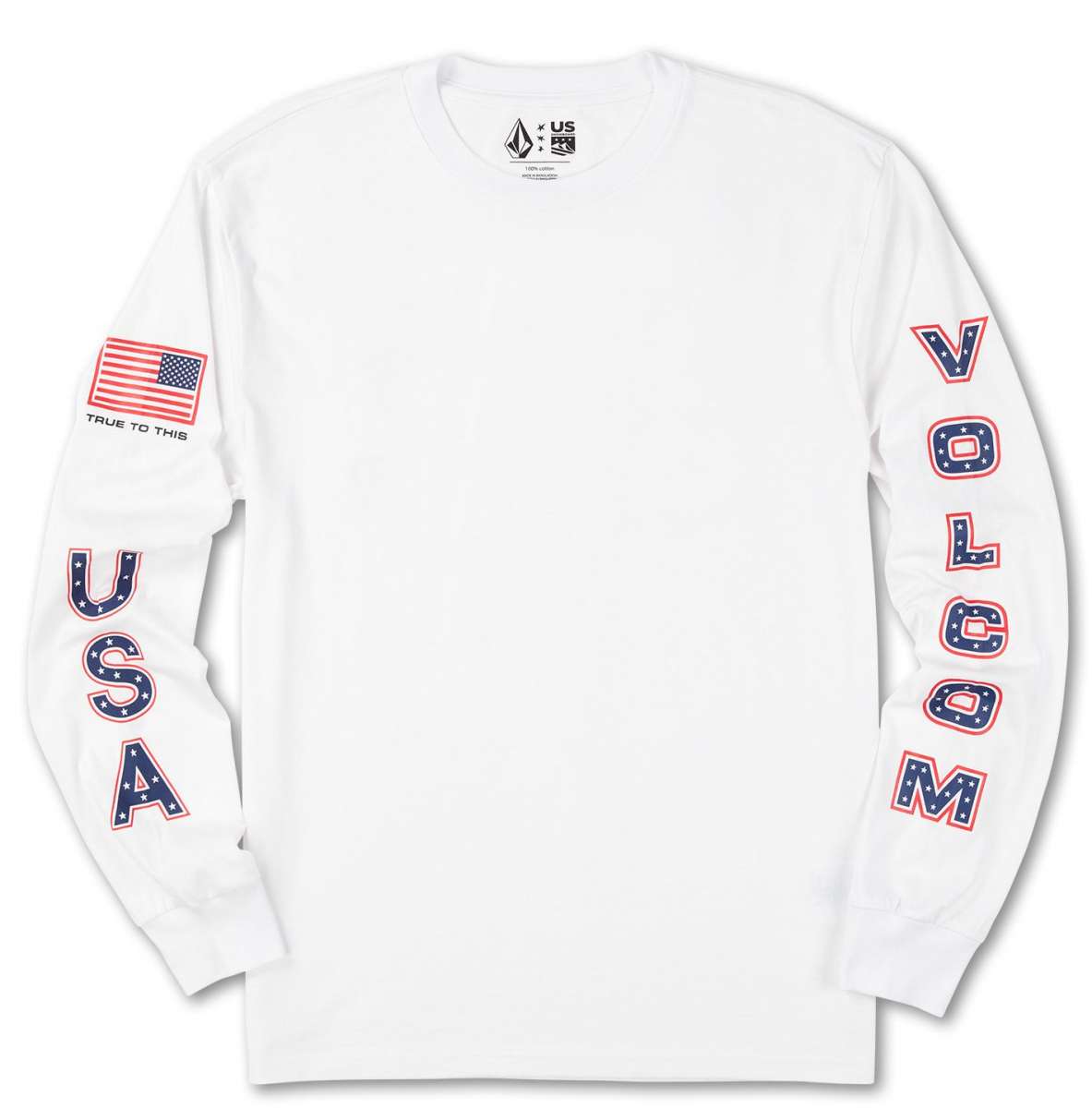 Volcom - A white long-sleeve shirt with a small American flag on the left sleeve and "TRUE TO THIS" printed in black above it.