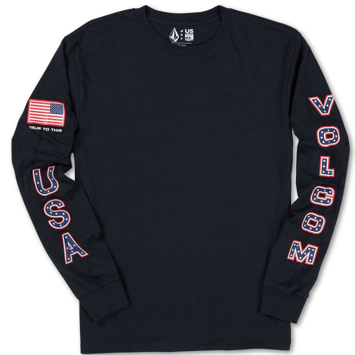 Volcom - A long-sleeve tee with a small American flag on the left sleeve and "TRUE TO THIS" printed in white above it.