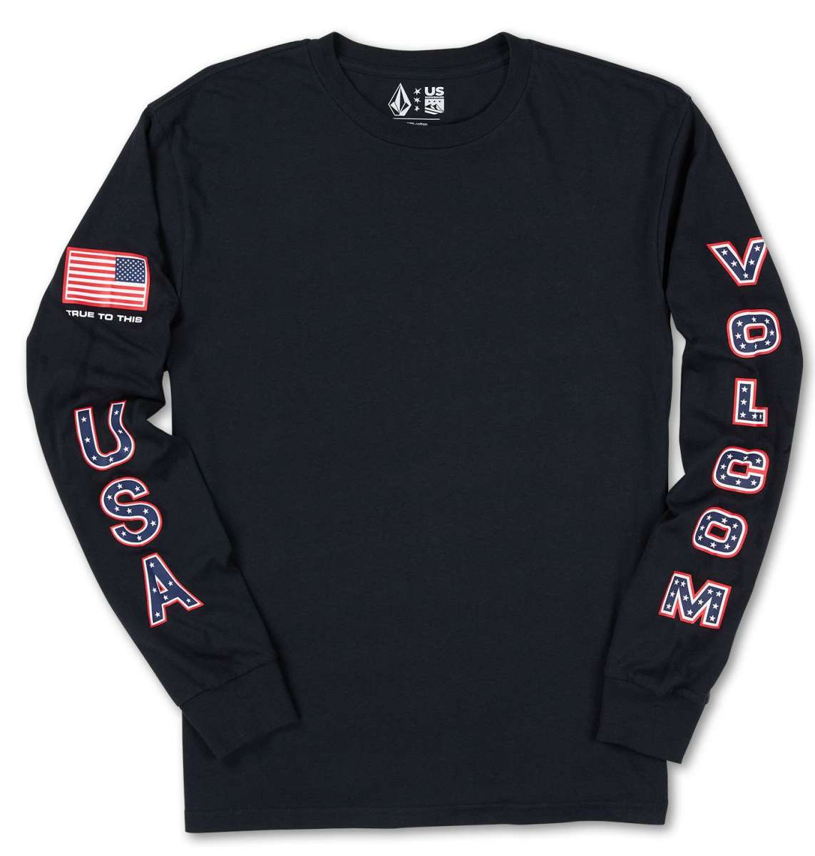 Volcom - A long-sleeve tee with a small American flag on the left sleeve and "TRUE TO THIS" printed in white above it.