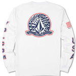 Volcom - A white long-sleeve shirt with a large navy-blue and red graphic on the front featuring an American flag design.