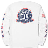 Volcom - A white long-sleeve shirt with a large navy-blue and red graphic on the front featuring an American flag design.