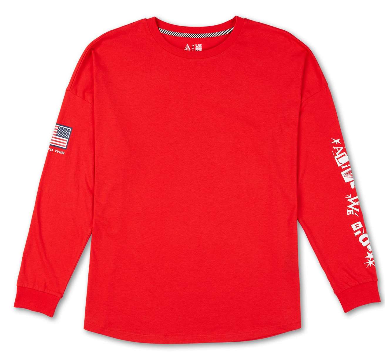 Volcom True to This USA Long Sleeve Tee - A red long-sleeved shirt with a small American flag on the left sleeve and "Volcom" logo above it.
