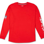 Volcom True to This USA Long Sleeve Tee - A red long-sleeved shirt with a small American flag on the left sleeve and "Volcom" logo above it.
