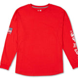 Volcom True to This USA Long Sleeve Tee - A red long-sleeved shirt with a small American flag on the left sleeve and "Volcom" logo above it.