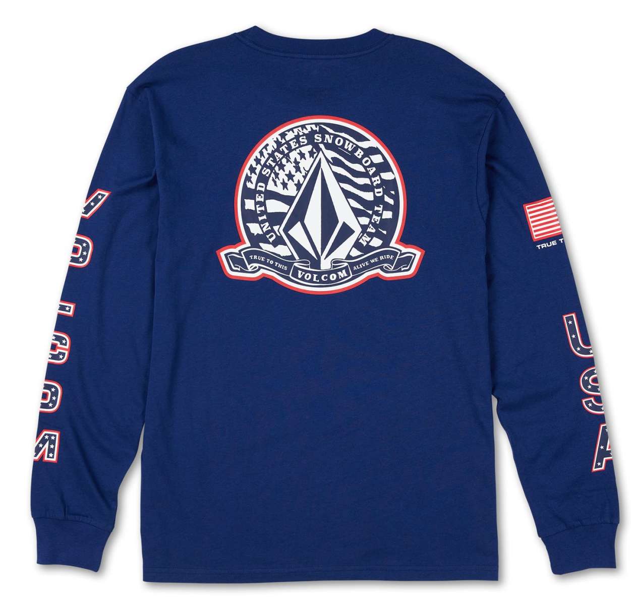 Volcom - A long-sleeve shirt with a large graphic of an eagle on the front, wearing a red and white striped scarf. The background is blue.