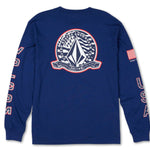 Volcom - A long-sleeve shirt with a large graphic of an eagle on the front, wearing a red and white striped scarf. The background is blue.