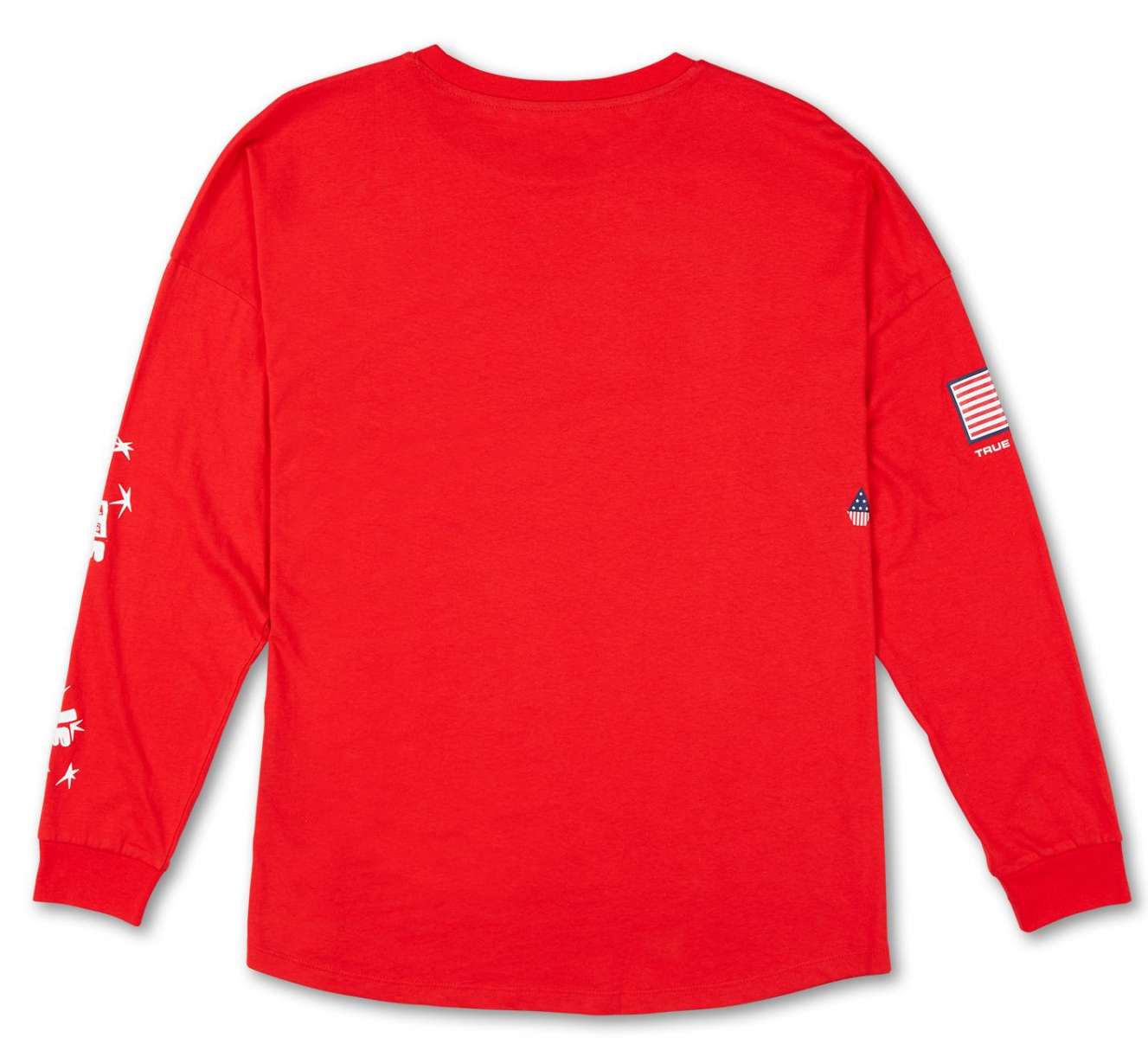 Volcom True to This USA Long Sleeve Tee 2022 - A red long-sleeved shirt with a small American flag on the front and white lettering that reads "True to This".
