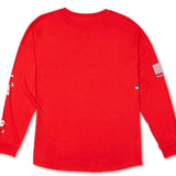 Volcom True to This USA Long Sleeve Tee 2022 - A red long-sleeved shirt with a small American flag on the front and white lettering that reads "True to This".