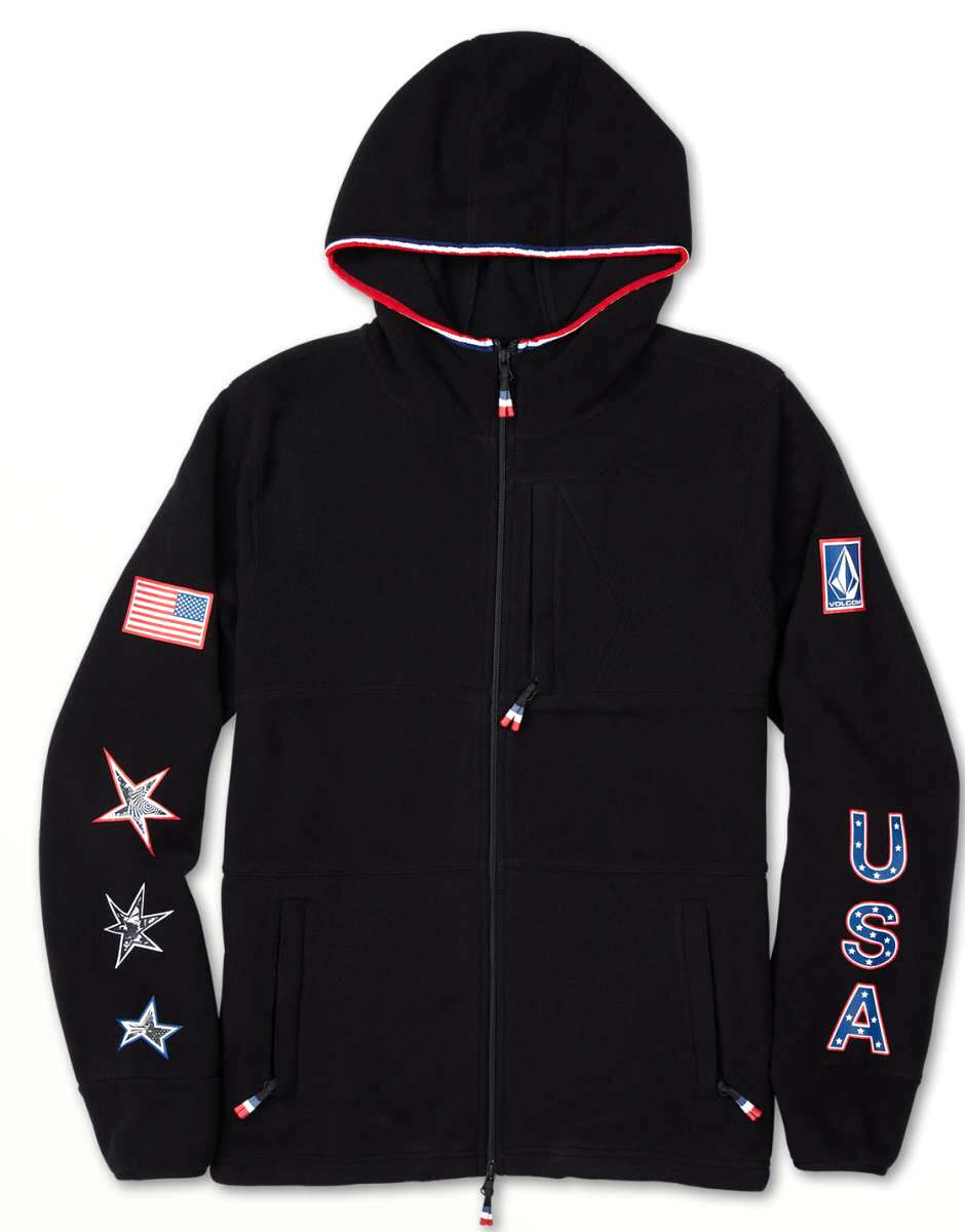 Volcom USA Polartec Fleece 2022 - A black fleece zip-up hoodie with a red, white and blue stripe along the hood's edge.